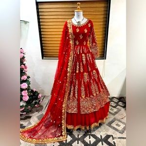 Red Anarkali gown georgette with heavy embroidery work for wedding-ready
